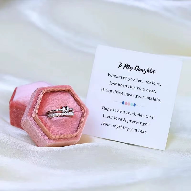 to My Daughter Zircon Beads Cross Fidget Ring with Card for Women anti Stress Adjustable Anxiety Ring Jewelry Gifts