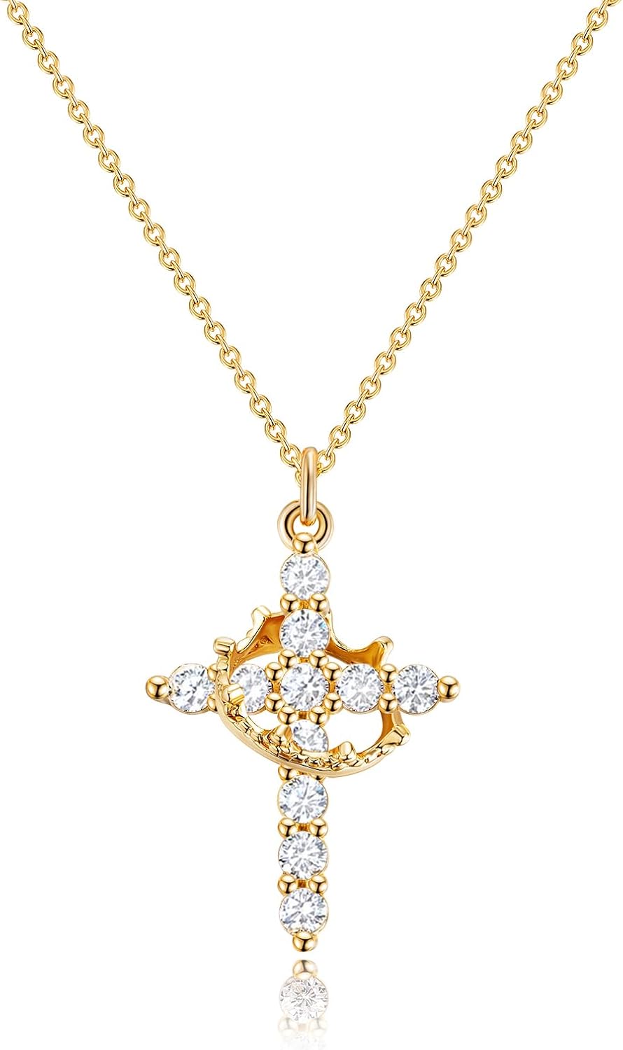 14K Gold Plated Crown Cross Pendant Necklace