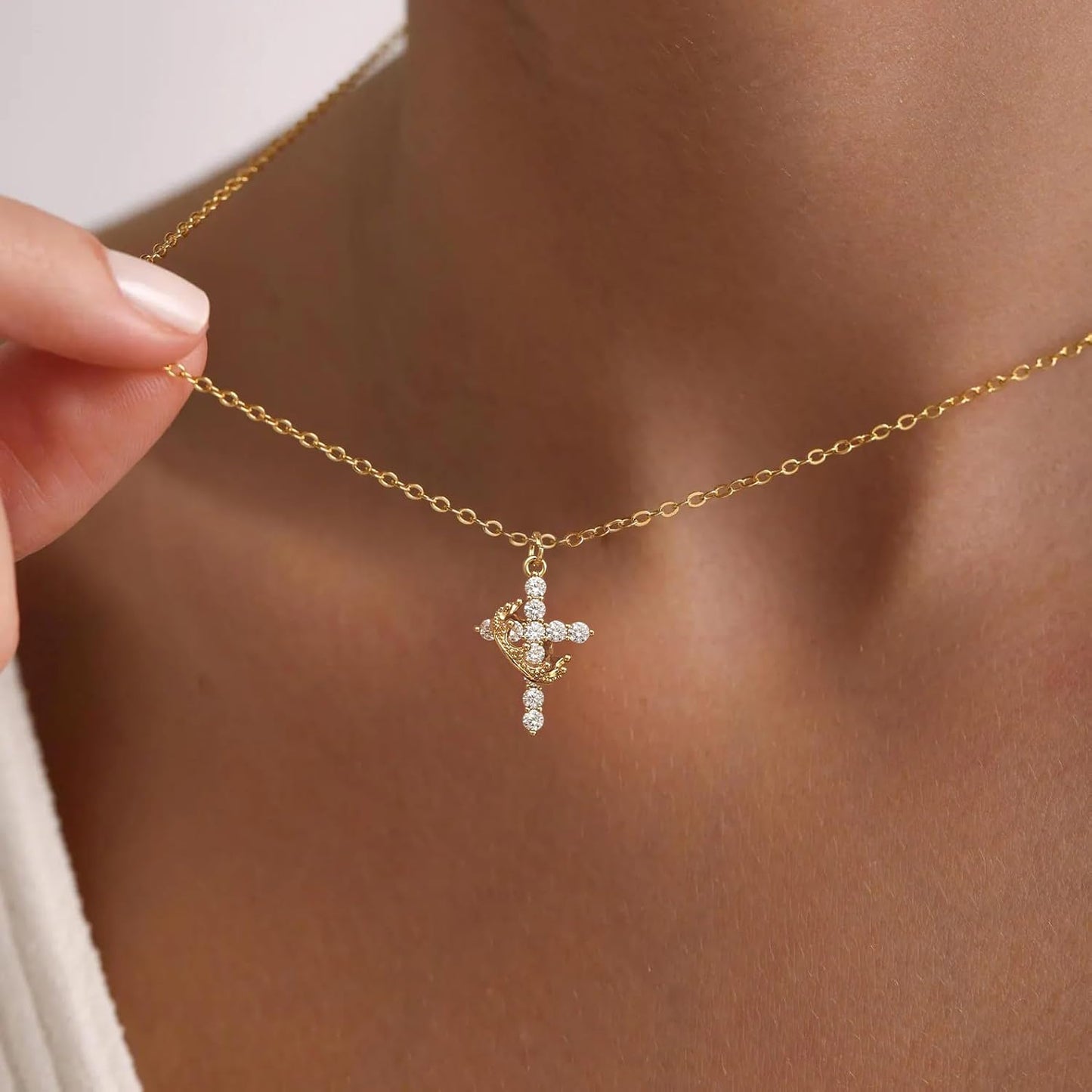 14K Gold Plated Crown Cross Pendant Necklace
