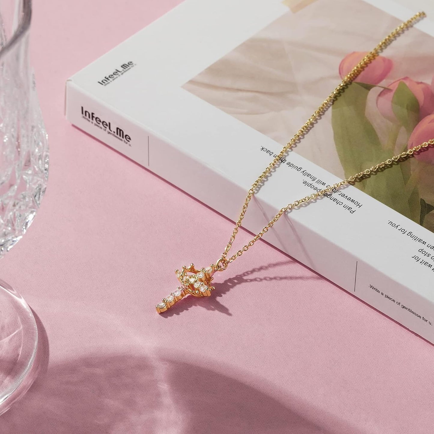 14K Gold Plated Crown Cross Pendant Necklace