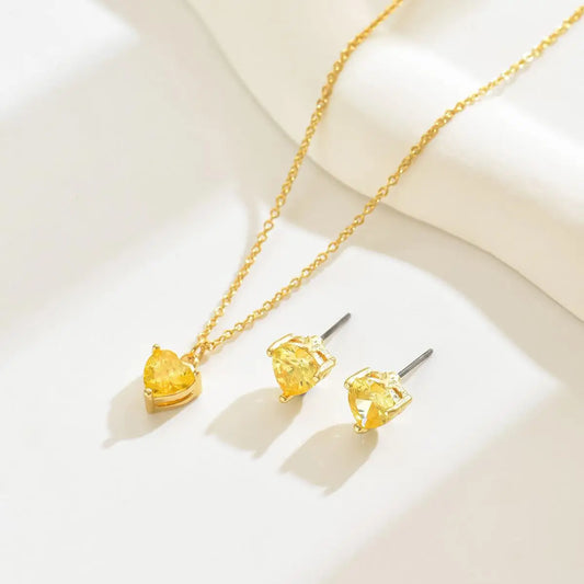 Heart-Shaped Yellow Crystal Pendant Necklace and Stud Earrings Set
