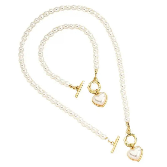 Elegant Pearl Heart Charm Necklace And Bracelet Set